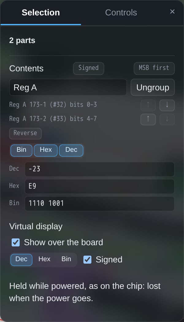 The Selection panel for two 74LS173s grouped as Reg A, while the SAP-1 runs: Contents with Signed and MSB first switches, the two chips listed with their bits, and three linked fields, Dec -23, Hex E9, Bin 1110 1001; under them Virtual display, Show over the board, Dec, Hex, Bin and Signed.