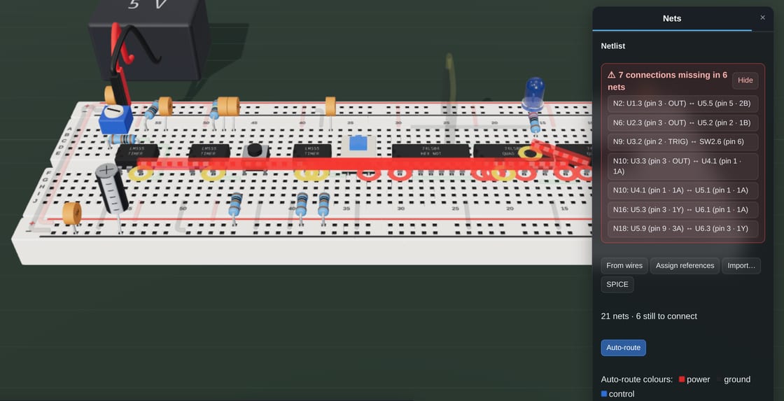 The clock module from the front with seven wires taken out, the missing connections drawn as red-and-white tape between ringed chip pins; the Nets panel on the right reads 7 connections missing in 6 nets, lists each by pin, says 21 nets, 6 still to connect, and shows the Auto-route button and its colours: power, ground, control.