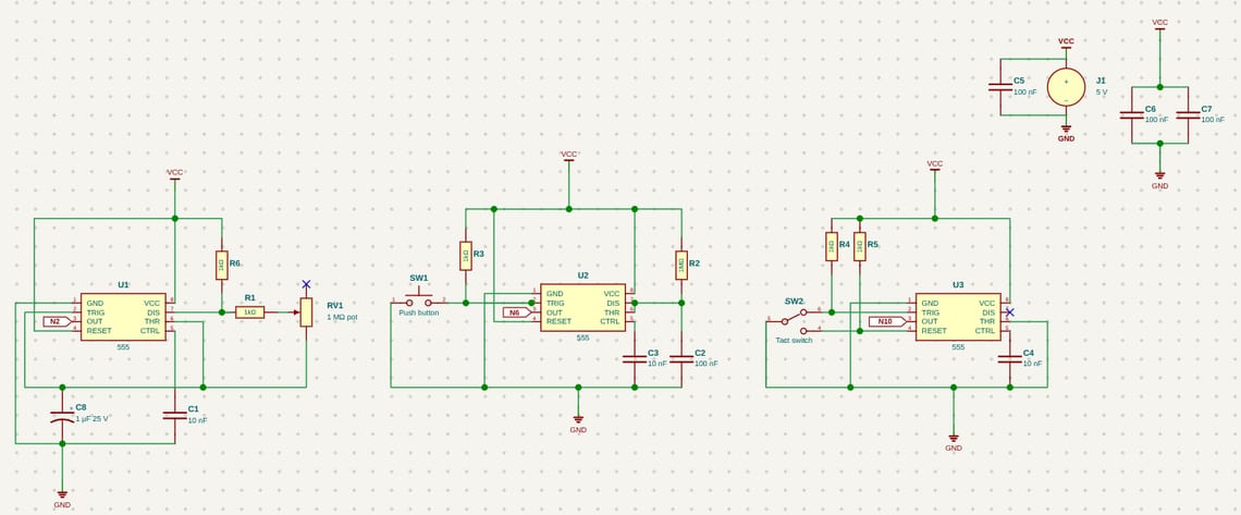 The clock module's schematic in KiCad's style: its three 555 stages side by side, U1 astable with its trimmer and timing capacitor, U2 monostable with its push button, U3 bistable with its latching switch, each with its resistors and capacitors, VCC and GND symbols, net labels and junction dots.