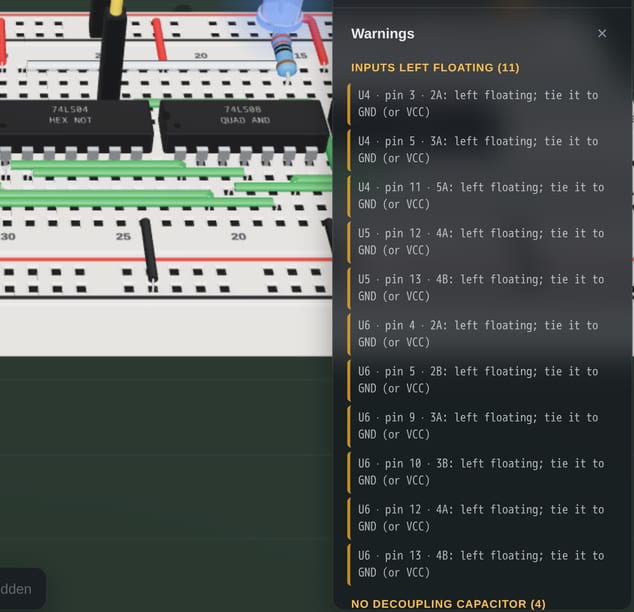 The Warnings pane on the running clock module: Inputs left floating (11), each gate input by chip and pin with what to do, such as U4 pin 3, 2A: left floating; tie it to GND (or VCC); then No decoupling capacitor (4).